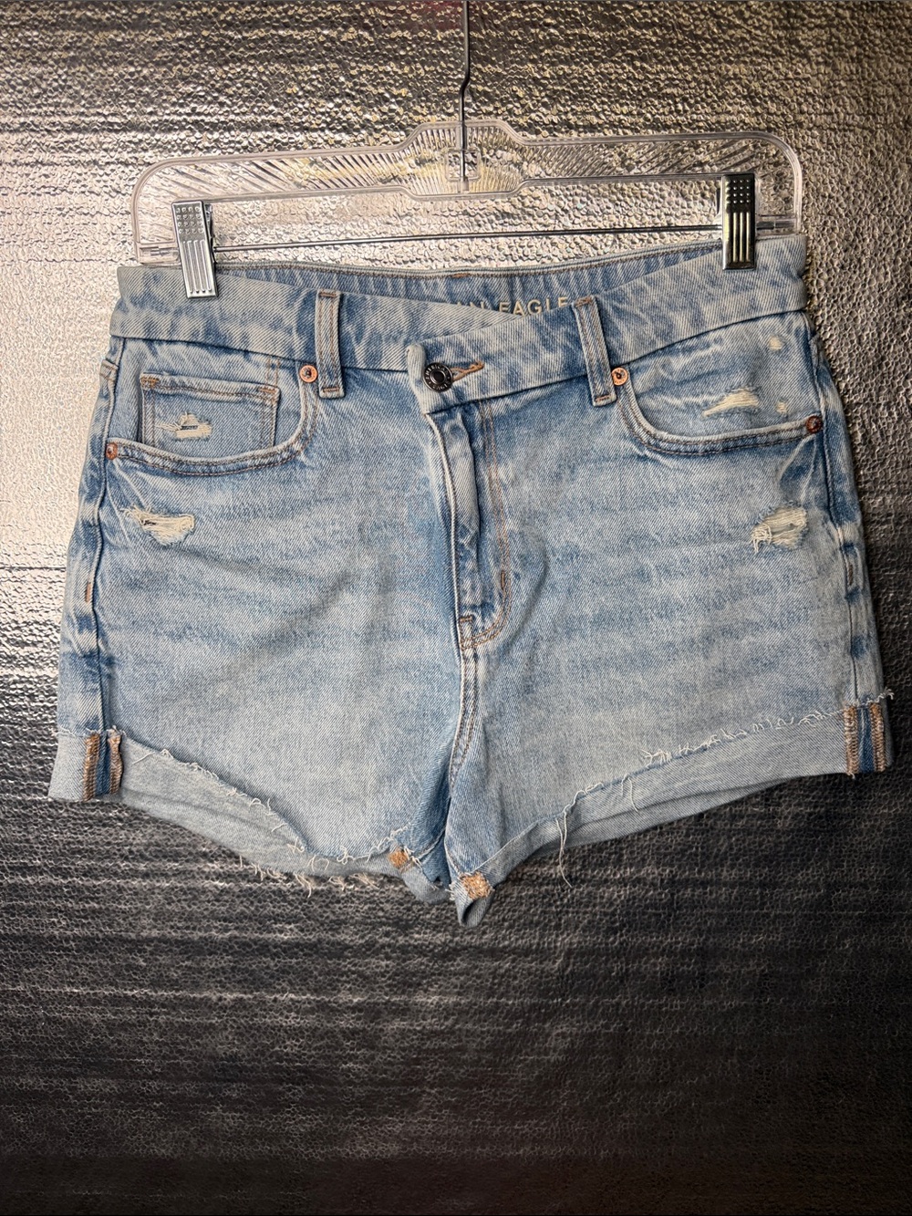 American Eagle Outfitters Light Wash Distressed Denim Curvy MoM Short